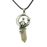 Gothic Star Moon Cat Crystal Necklace, Natural Gemstone Hexagonal Point Pendant, Vintage Silver Crescent Moon Choker with Black Cord for Women