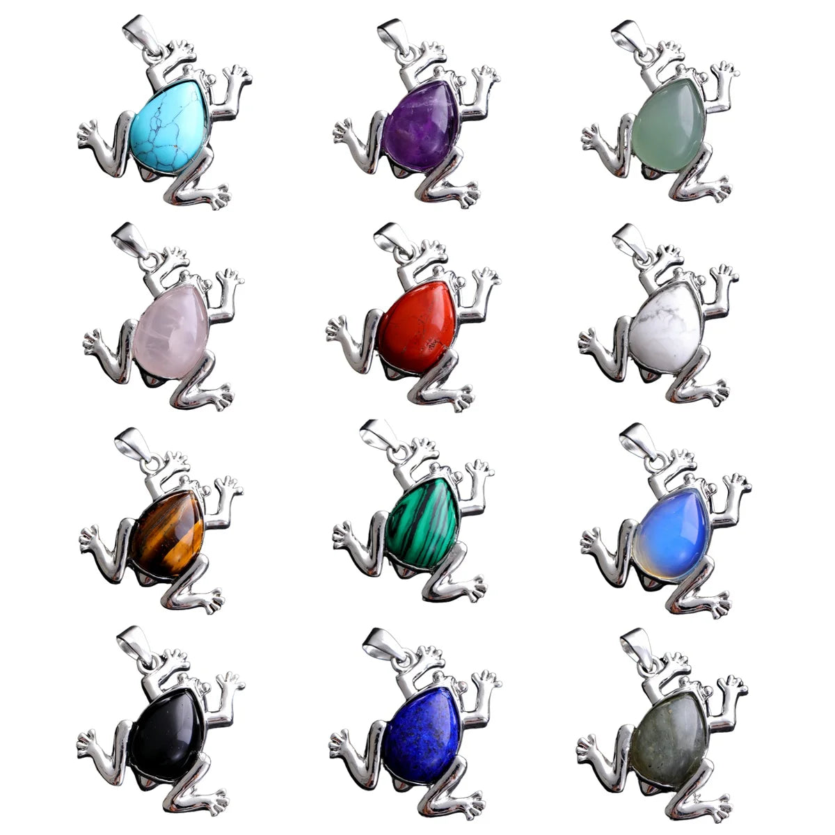 Natural Gemstone Frog Pendant Silver‑Tone Alloy Animal Charm Teardrop Inlaid Crystal Stone 25x27mm Chakra Reiki Healing Pendant for DIY Necklace Jewelry