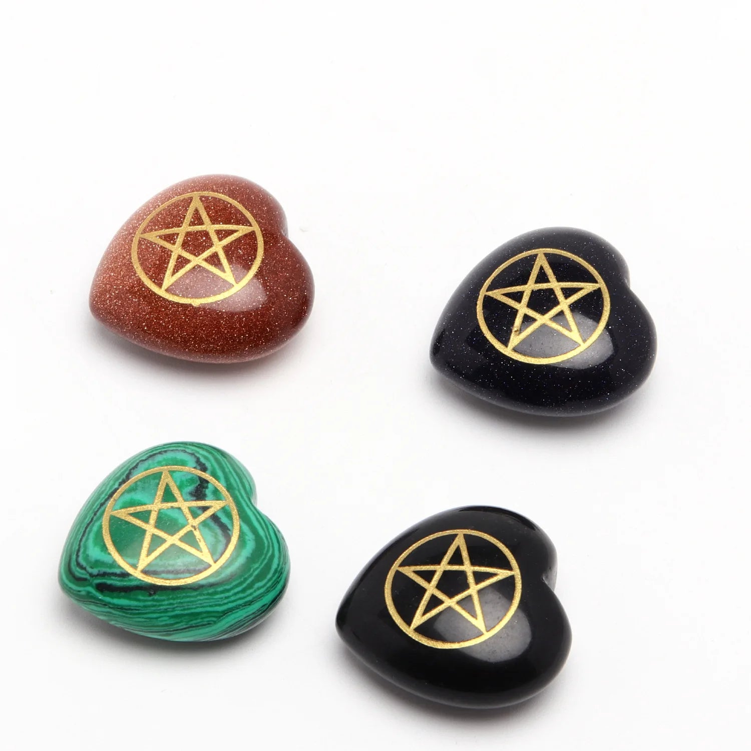 Gold Engraved Pentagram Heart Natural Crystal Stone, Wiccan Earth Goddess Symbol Pocket Healing Gemstone for Pendant & Meditation