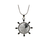 Vintage Silver Ship Rudder Pendant Necklace • Antique Nautical Helm Wheel Locket with Snake Chain • Coastal Ocean Theme Crystal Choker Jewelry Gift