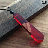 Creative Tie Shape Natural Wood Pendant Necklace, Three‑Color Red Blue Wood Splicing Pendant with Adjustable Black Cord, Handmade Boho Unisex Jewelry