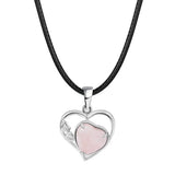 Natural Crystal Hollow Heart Pendant Necklace, Gemstone Charm with Black Rope for Women