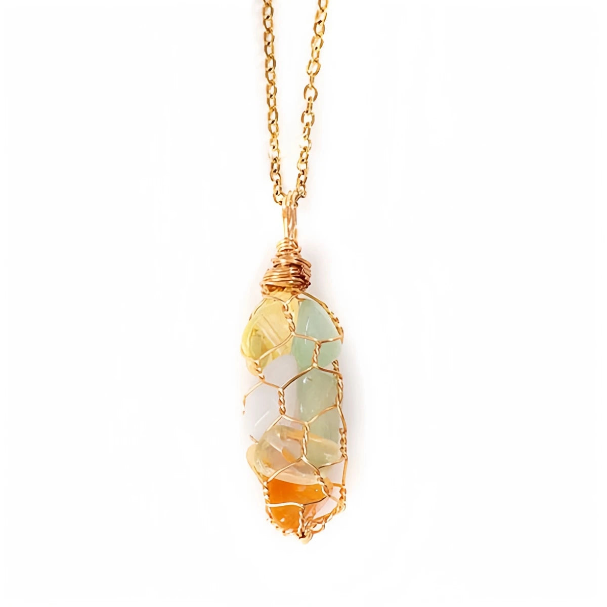 7 Chakra Tumbled Stone Pendant with Gold Wire Mesh Wrapping | Handmade Crystal Necklace for Chakra Balancing Healing