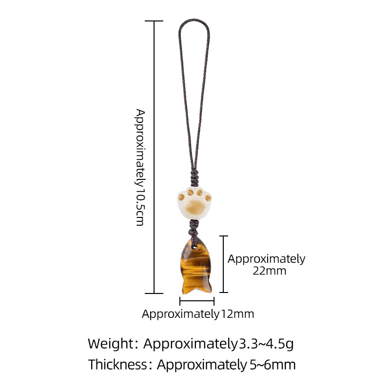 Cute Cat Paw & Little Fish Crystal Phone Charm, 22mm Natural Gemstone Fish Pendant Keychain, Aesthetic Y2K Kawaii Bag Charm Accessory Gift