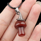 3cm Natural Crystal Mushroom Pendant Necklace | Silver-Plated Witch Hat Gemstone Charm with Black Cord