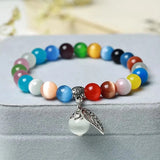 8MM Mystical Cat's Eye Stone Beaded Bracelets with Silver Leaf Accent Healing Elegant Inspired Jewelry