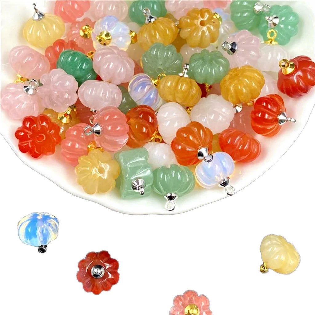 Cute Gemstone Pumpkin Crystal Charm Pendant Pack Carved Mini Natural Stone Flower Beads with Iron Bail for DIY Necklaces Bracelets Earring Making