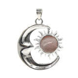 Natural Crystal Sun and Moon Pendant | Celestial Crescent Moon Gemstone Charm | Silver Alloy Sunburst Quartz Cabochon Jewelry Findings for DIY Making