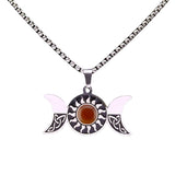 Stainless Steel Triple Moon Goddess Necklace with Celtic Knot - Natural Tiger's Eye Sun Pendant - Wiccan Pagan Spiritual Jewelry for Men & Women