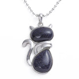 Natural Gemstone Cat Pendant Silver‑Tone Alloy Animal Charm Double Teardrop Inlaid Crystal Stone 22×40mm Chakra Reiki Healing Pendant for DIY Necklace Jewelry Making Bulk