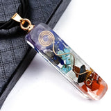 Orgone 7 Chakra Pendant Necklace, Resin Mixed Crystal Chips Reiki Symbol Wire Wrapped Energy Orgonite Pendant, Healing Meditation Jewelry with Black Wax Rope Chain