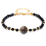 4mm Faceted Black Crystal Beaded Bracelet with 10mm Natural Stone Center Bead Gold Plated Adjustable Extension Chain Chakra Healing Bracelet for Women