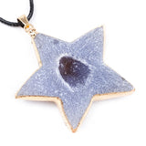 Gold Plated Edge Five Pointed Star Agate Druzy Pendant Necklace, Natural Raw Geode Crystal Star Charm with Wax Cord
