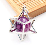 Merkaba Star Cage Natural Sphere Crystal Pendant Necklace, Silver‑Tone Metal Hollow Star Frame with Round Gemstone Bead Reiki Chakra Healing Necklace for Women