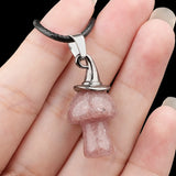3cm Natural Crystal Mushroom Pendant Necklace | Silver-Plated Witch Hat Gemstone Charm with Black Cord