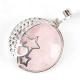 Moon & Star Celestial Natural Gemstone Round Pendant, Silver‑Tone Hollow Star Crescent Moon Frame Crystal Stone Charm for Handmade Necklaces
