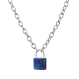 Natural Healing Crystal Lock Pendant Necklace, 20-inch Alloy Chain Chakra Gemstone Jewelry