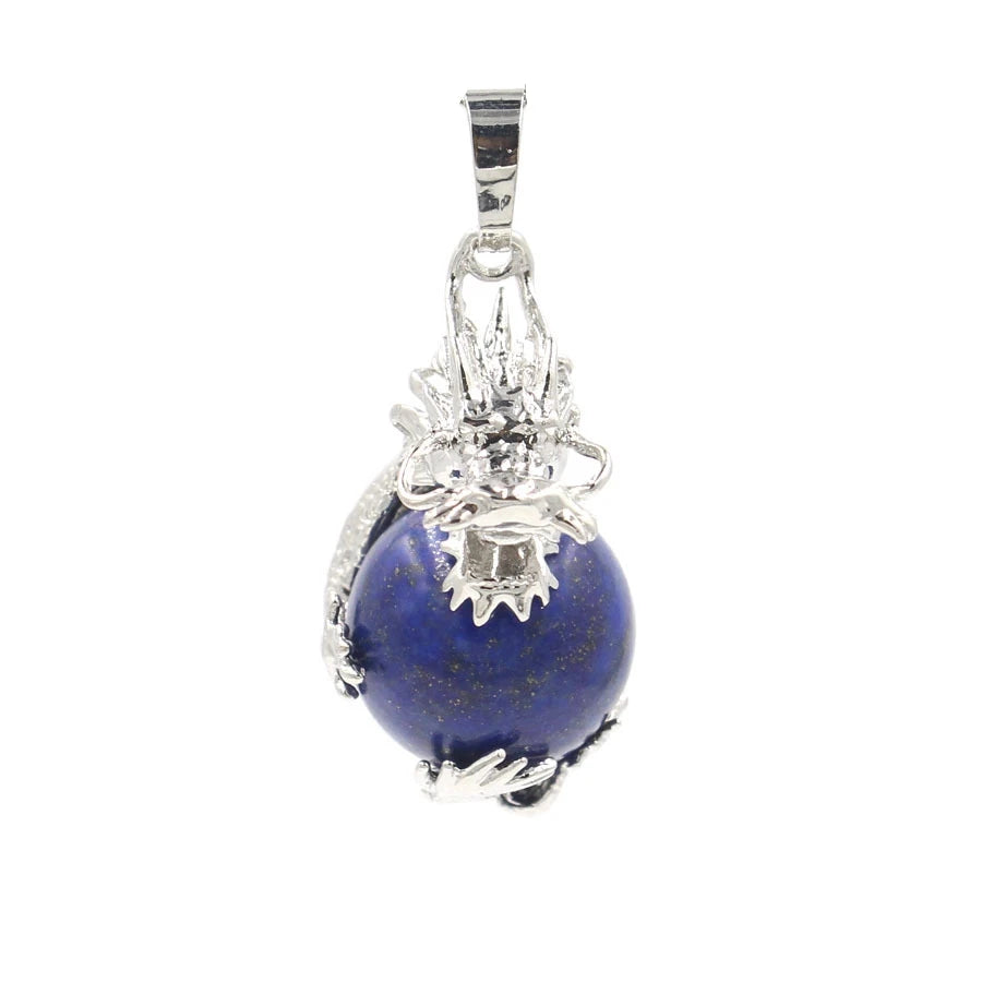 Natural Crystal Sphere Pendant, Silver Metal Dragonfly Wrapped Round Ball Gemstone Pendant, Reiki Chakra Healing DIY Necklace Jewelry Charm 16mm