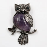 Vintage Antique Silver Owl Pendant, Natural Mixed Gemstone Owl on Branch Charm, Retro Metal Owl Inlaid Crystal Stone Pendant, Reiki Healing Animal Necklace Jewelry for Women