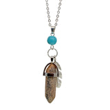 Natural Crystal Point Pendant Necklace with Feather Charm, Hexagonal Gemstone Bullet Point Necklace with Turquoise Bead, Healing Chakra Crystal Jewelry for Women
