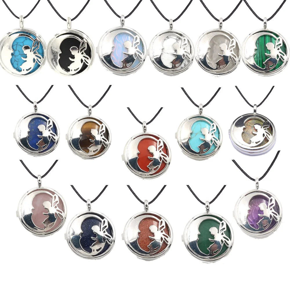 Fairy Hollow Cutout Open Locket Necklace with Natural Crystal Stone Silver Plated Memory Wish Box Pendant Black Wax Cord Necklace for Women