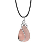 Polished Teardrop Natural Crystal Stone Necklace, Silver Wire Wrapped Gem Pendant with Wax Cord Multi‑Color Variants Chakra Reiki Meditation Neck Jewelry
