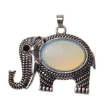 Retro Hollow Pattern Elephant Natural Stone Pendant, Vintage Alloy Lucky Elephant Charm, Healing Crystal Reiki Meditation Amulet for Handmade Necklace