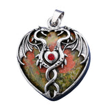 32×42mm Antique Silver Dragon Heart Pendant | Natural Gemstone Gothic Charm for DIY Jewelry