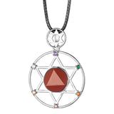 7 Chakra Hexagram Natural Crystal Pendant Necklace, Sacred Star of David Gemstone Black Wax Cord Necklace Reiki Energy Spiritual Boho Jewelry Gift for Men Women