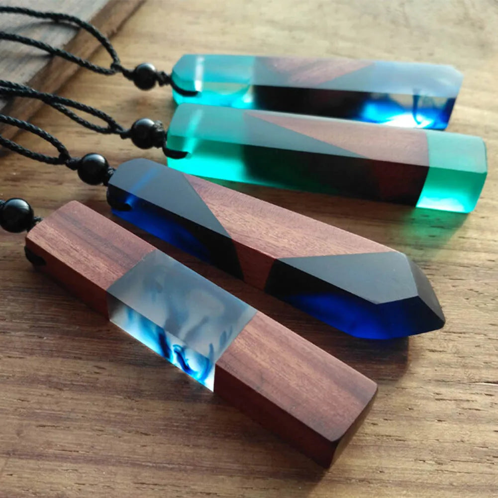 Creative Tie Shape Natural Wood Pendant Necklace, Three‑Color Red Blue Wood Splicing Pendant with Adjustable Black Cord, Handmade Boho Unisex Jewelry