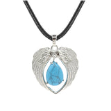 Vintage Silver Angel Wings Heart Necklace - Natural Stone Wax Cord Teardrop Pendant for Men & Women, Spiritual Gift