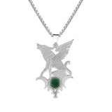 Stainless Steel Flying Wolf Pendant Necklace - Mythical Creature Jewelry with Natural Agate Stone - Gothic Punk Style for Men