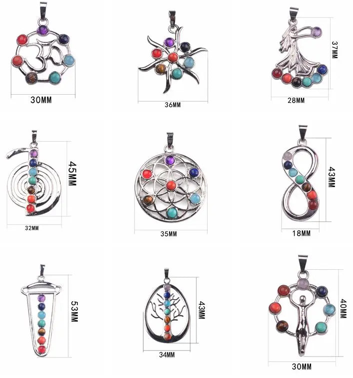 7 Chakra Mixed Metal Pendants, Silver‑Plated Alloy Chakra Stone Charms, Om Tree of Life Infinity Symbol Reiki Yoga Spiritual Jewelry for Necklace Making