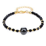 4mm Faceted Black Crystal Beaded Bracelet with 10mm Natural Stone Center Bead Gold Plated Adjustable Extension Chain Chakra Healing Bracelet for Women