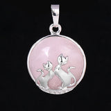 Natural Gemstone Round Pendant Silver‑Tone Double Cat Silhouette Overlay Charm, Mixed Crystal Stone Cat Lover Pendant DIY Necklace Jewelry Making Reiki Healing