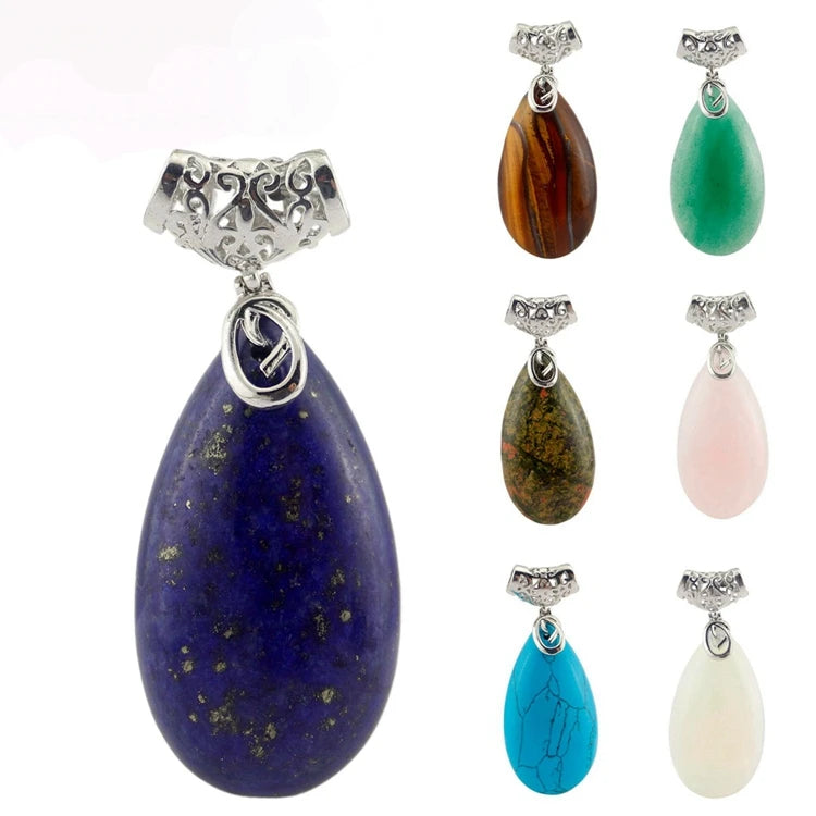 Silver Filigree Cap Natural Teardrop Gemstone Pendant, Water Drop Chakra Healing Crystal Charm for DIY Necklace Making