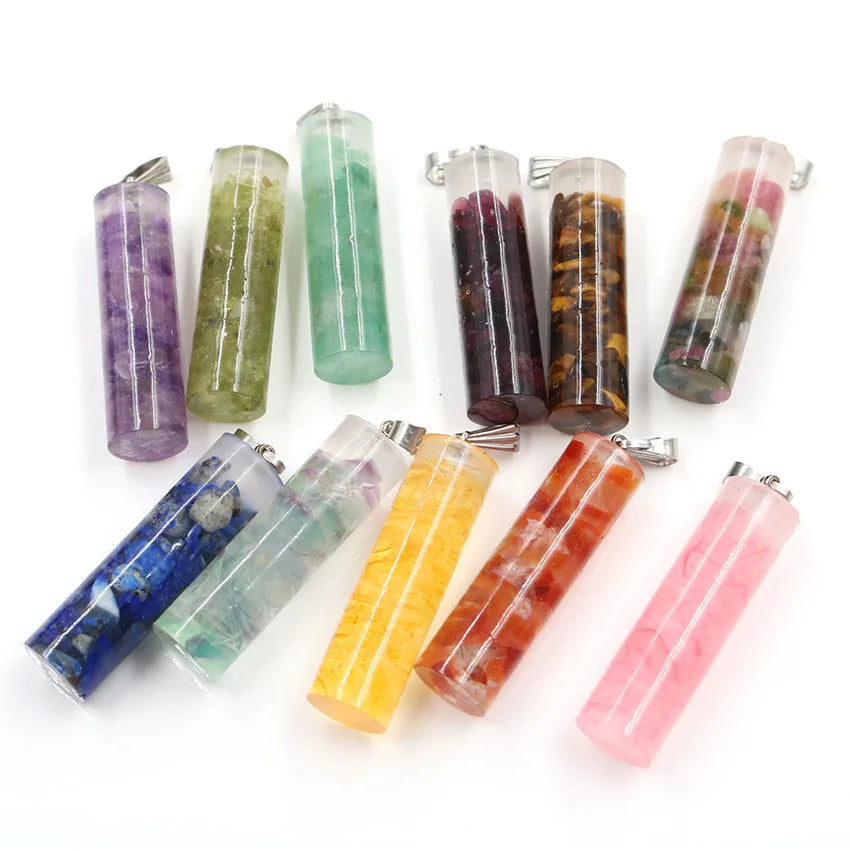 Natural 7 Chakra Crystal Gravel Cylindrical Pendant Resin Healing Stone Column Necklace Women Fashion Jewelry