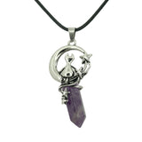 Gothic Star Moon Cat Crystal Necklace, Natural Gemstone Hexagonal Point Pendant, Vintage Silver Crescent Moon Choker with Black Cord for Women