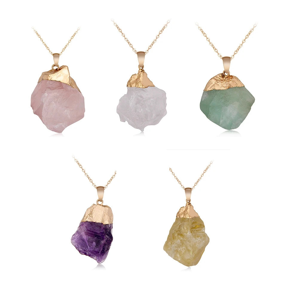 Gold Dipped Natural Raw Crystal Pendant Necklace, Irregular Rough Gemstone Chakra Healing Stone Necklace for Women
