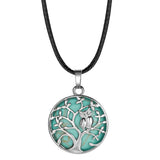 Owl Family Tree of Life Gemstone Necklace – 30mm Round Natural Stone Pendant with 18-Inch Leather Cord