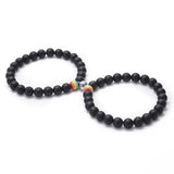 2Pcs Magnetic Couple Bracelets - Matte Black Onyx Stone Beads with Rainbow Pride Accents - Adjustable Distance Bracelets for Lovers & Friends