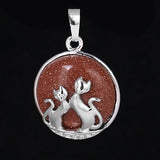 Natural Gemstone Round Pendant Silver‑Tone Double Cat Silhouette Overlay Charm, Mixed Crystal Stone Cat Lover Pendant DIY Necklace Jewelry Making Reiki Healing