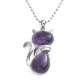 Natural Gemstone Cat Pendant Silver‑Tone Alloy Animal Charm Double Teardrop Inlaid Crystal Stone 22×40mm Chakra Reiki Healing Pendant for DIY Necklace Jewelry Making Bulk