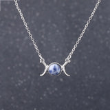 Triple Moon Goddess Natural Crystal Necklace, Silver Plated Triple Crescent Moon Pendant Round Cabochon Gemstone Necklace Reiki Chakra Healing Wicca Spiritual Jewelry for Women
