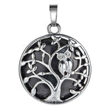 Natural Crystal Tree of Life Owl Pendant Necklace – 30mm Round Gemstone Amulet Jewelry Gift for Women