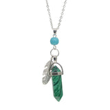 Natural Crystal Point Pendant Necklace with Feather Charm, Hexagonal Gemstone Bullet Point Necklace with Turquoise Bead, Healing Chakra Crystal Jewelry for Women