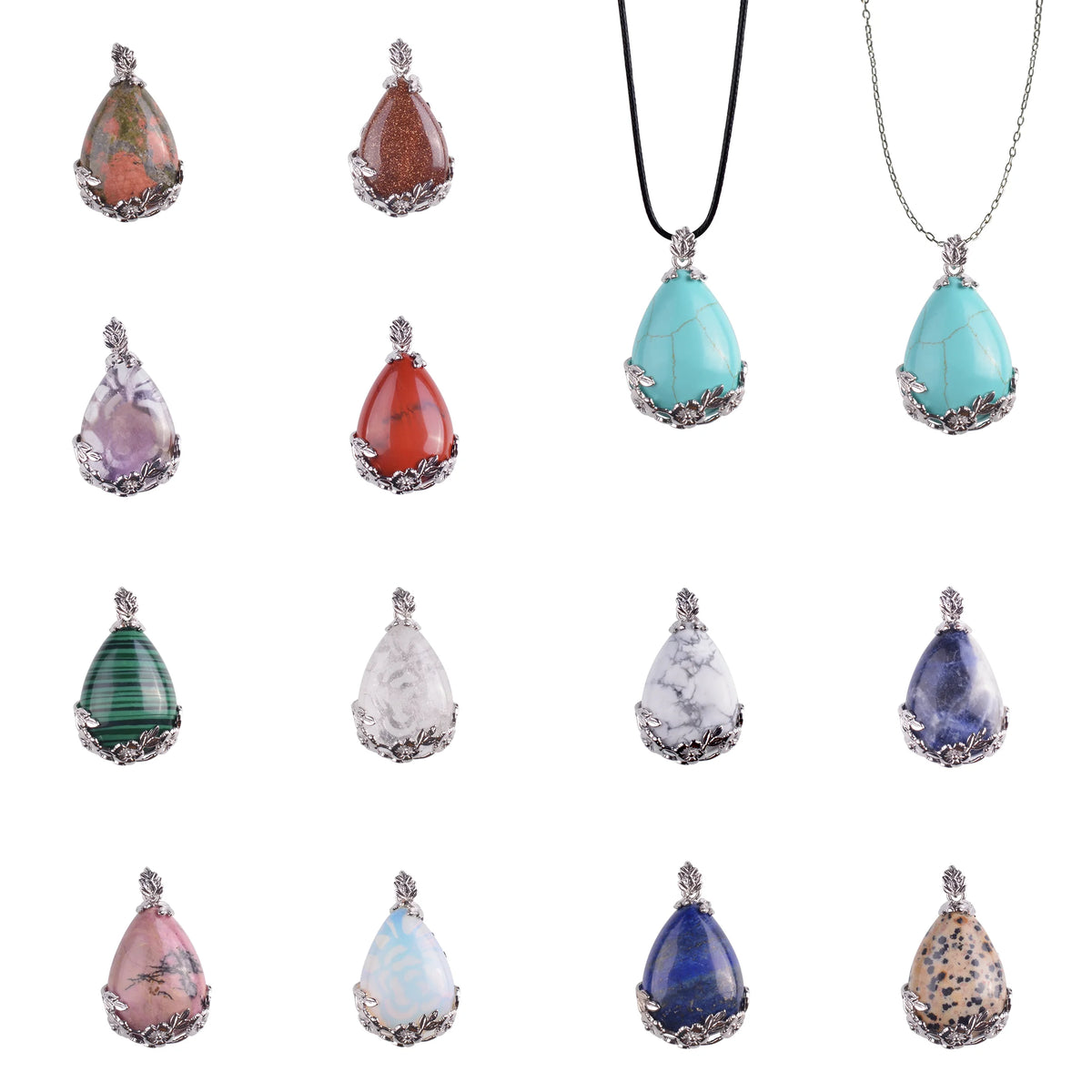 Teardrop Natural Gemstone Pendant, Silver Floral Leaf Wrapped Stone Charm, 45x27mm Pear Shape Crystal Pendant, Boho Reiki Healing Necklace Jewelry