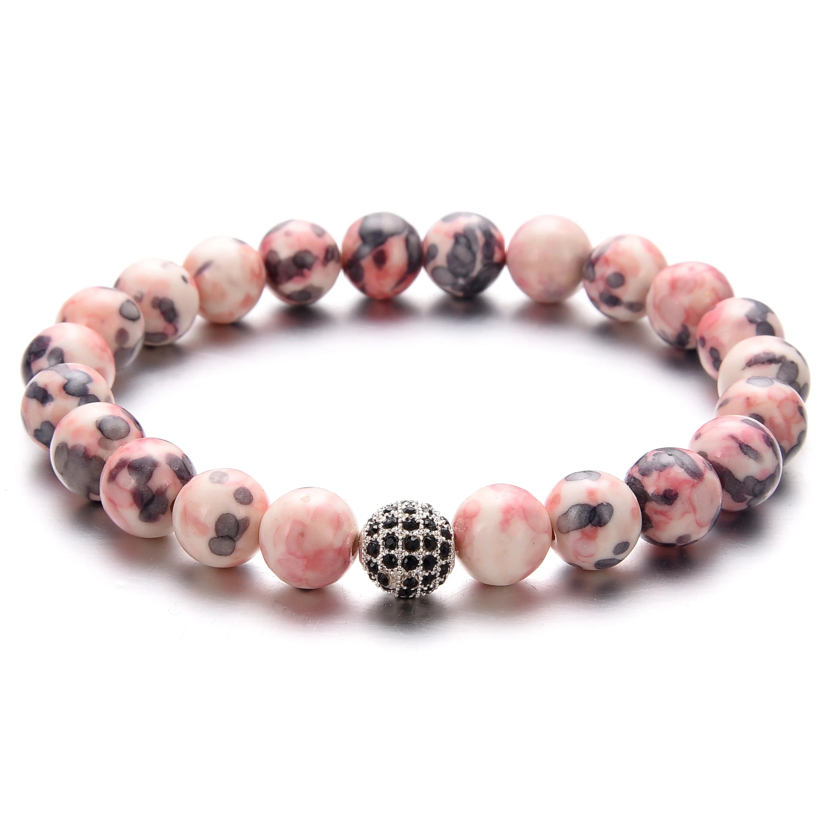 Ethnic Pink Jasper Beaded Bracelet - Micro-Pave Crystal Charm Spiritual Gift