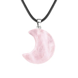 Natural Crescent Moon Necklace - Healing Crystal Moon Pendant with Black Leather Cord - Spiritual Reiki Jewelry for Women & Men