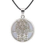 Silver Plated Hamsa Hand Pendant, Natural Crystal Inlaid Fatima Hand Hollow Charm for Spiritual Necklace Making